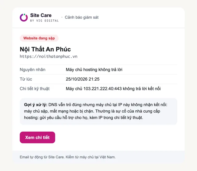 Site Care alert email: website is down, with the cause and suggested fix