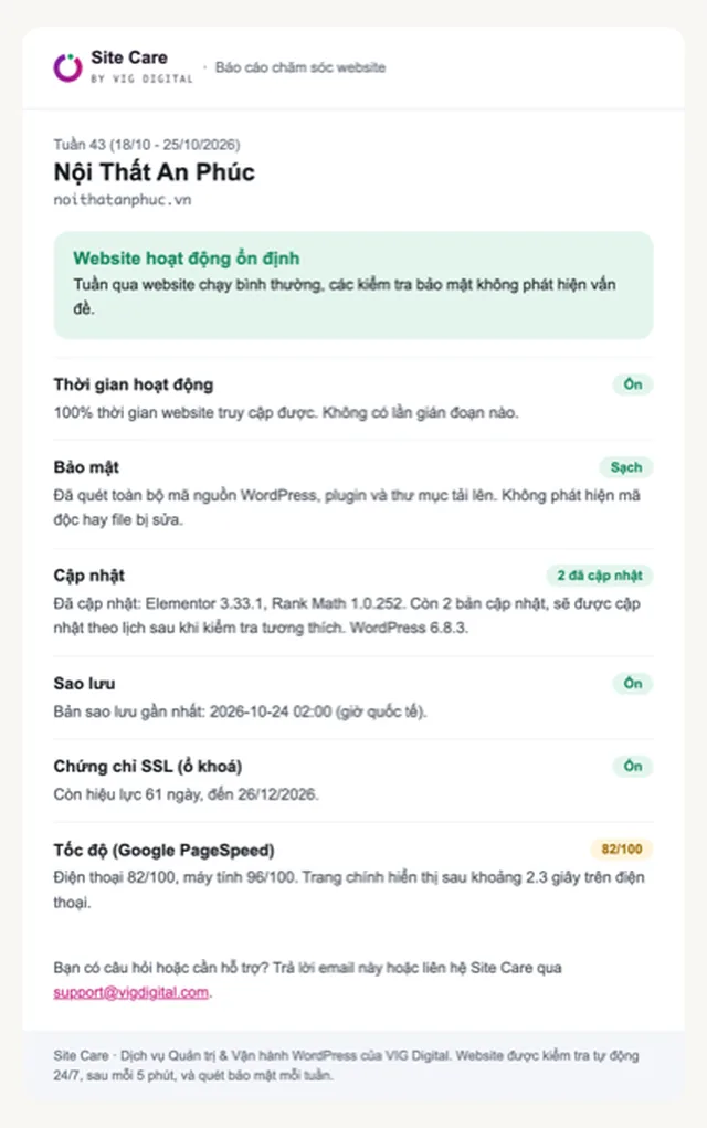 Weekly Site Care report: uptime, security, updates, backups, SSL, speed