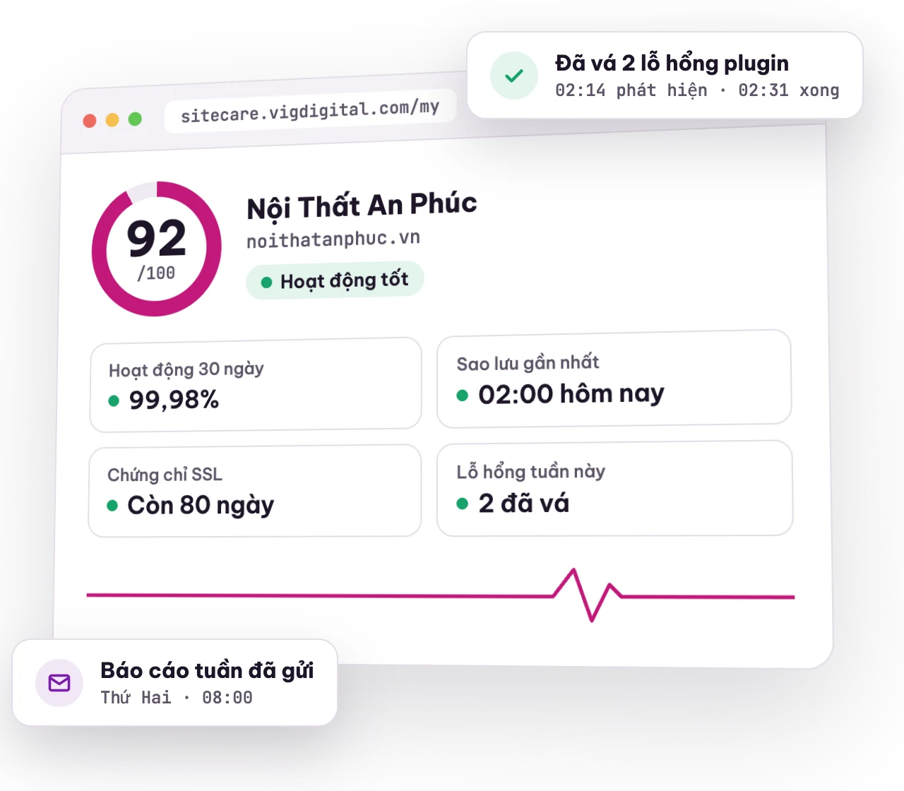 Site Care dashboard: score 92/100, backups, SSL, patched vulnerabilities